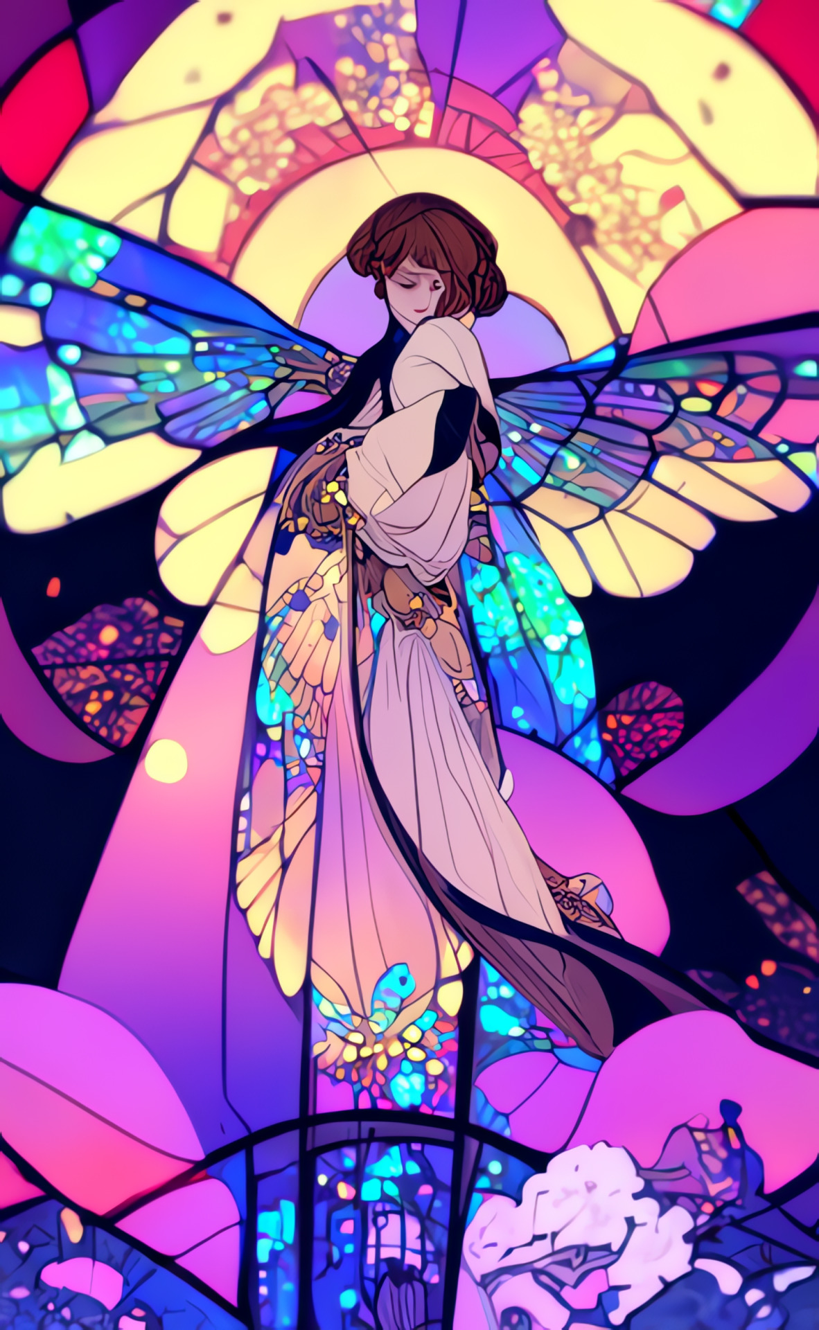 An image in a cel shaded anime and stained glass art nouveau style of what appears to be a brown haired white woman with insect wings spreading out behind her, dressed in white cloth and holding something wrapped in cloth.