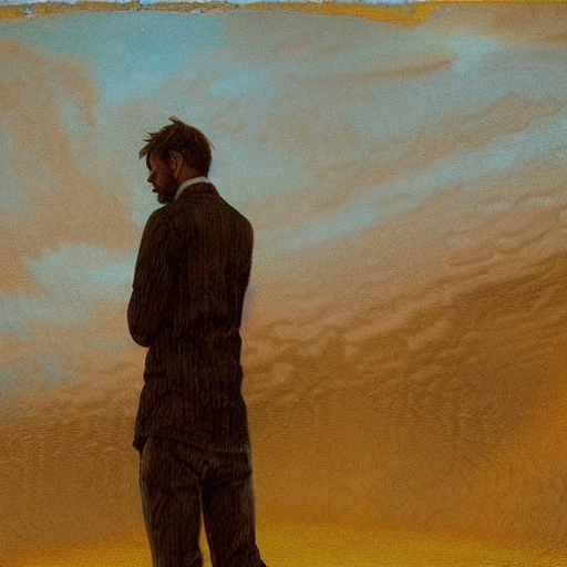 A picture of a man with short hair and a beard, wearing a business suit, looking away and down. His face is not visible and his back is to us. The palette is mostly browns with small hints of blue, and the sky is indistinct.
