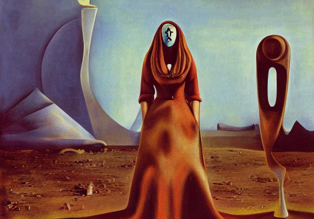 A surrealist painting of a person wearing a dress and a mask with a symbol on it.
