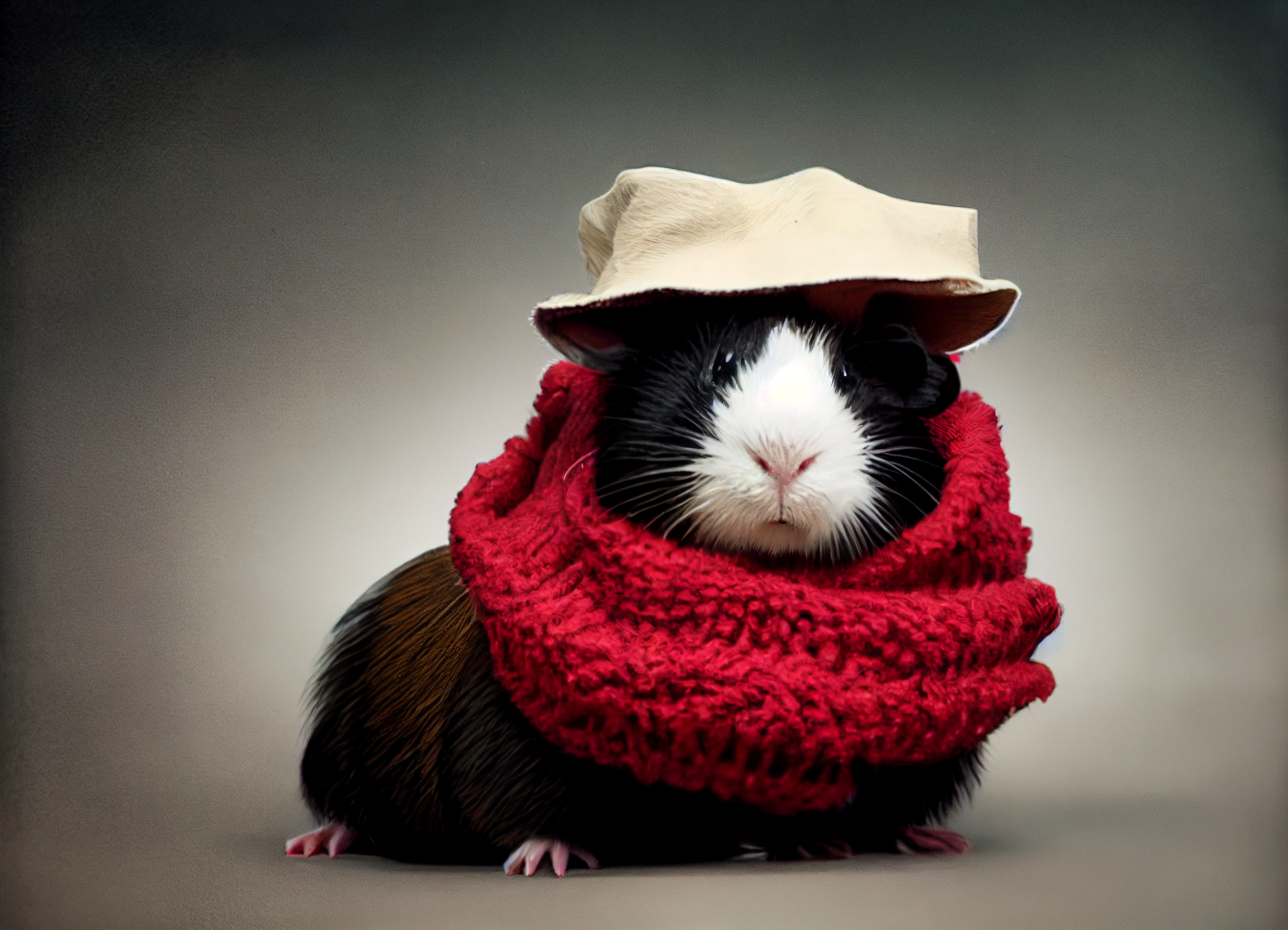 A black guinea pig with a white snout wearing a red scarf and a hat made of a hemp bag.